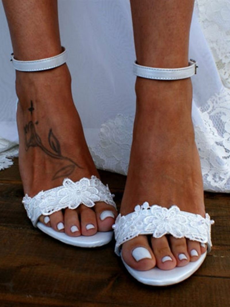 Sandales Mariée Pour Femmes Cuir Pu Blanc Mariage Brodées Chics À Bout Ouvert - Blanc