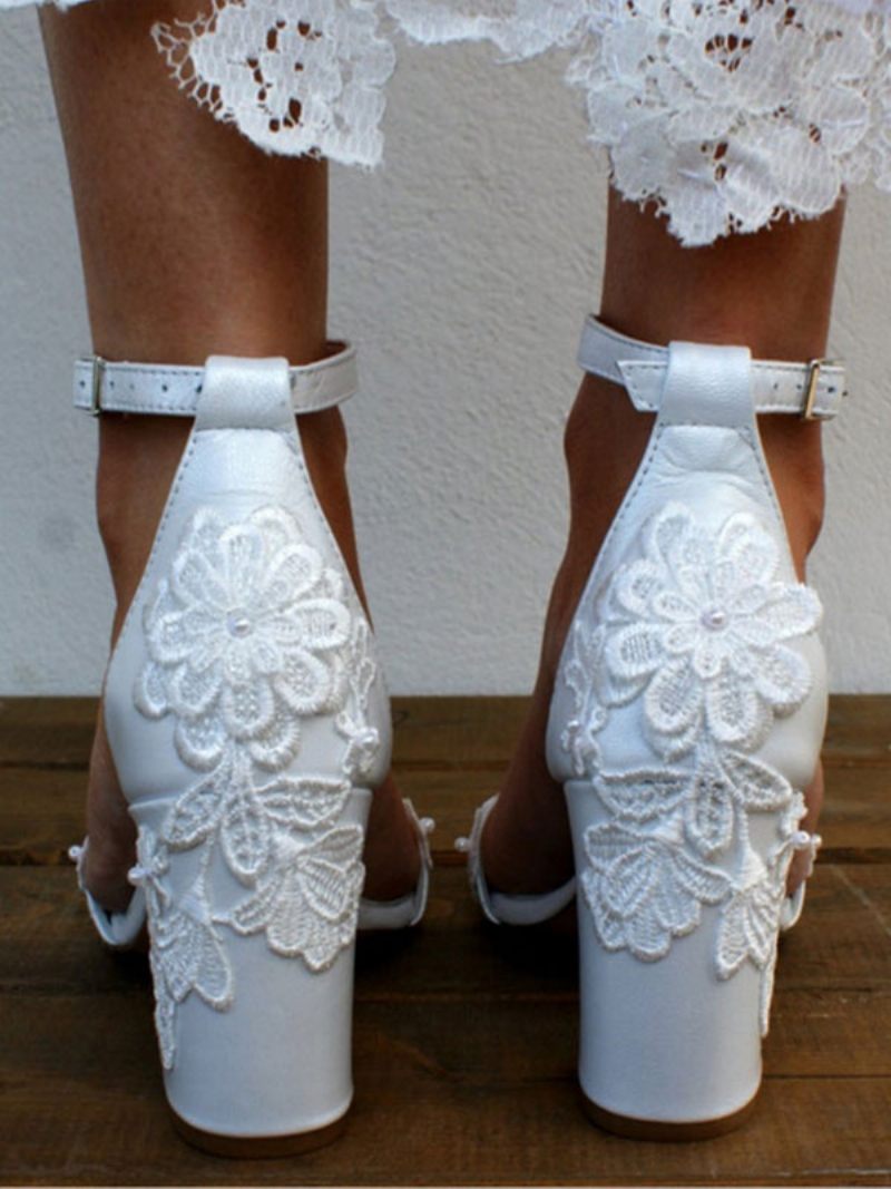 Sandales Mariée Pour Femmes Cuir Pu Blanc Mariage Brodées Chics À Bout Ouvert - Blanc