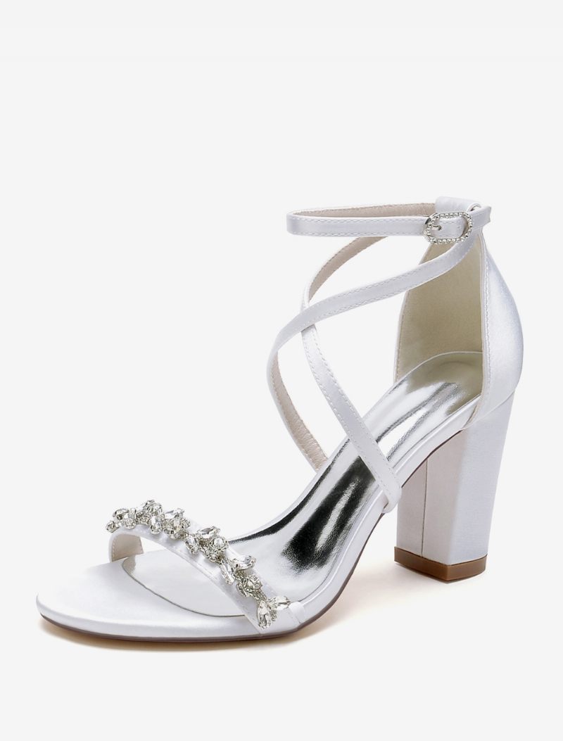 Sandales Mariée Pour Femmes Satin Blanc Sexy À Bout Ouvert Strass Mariage