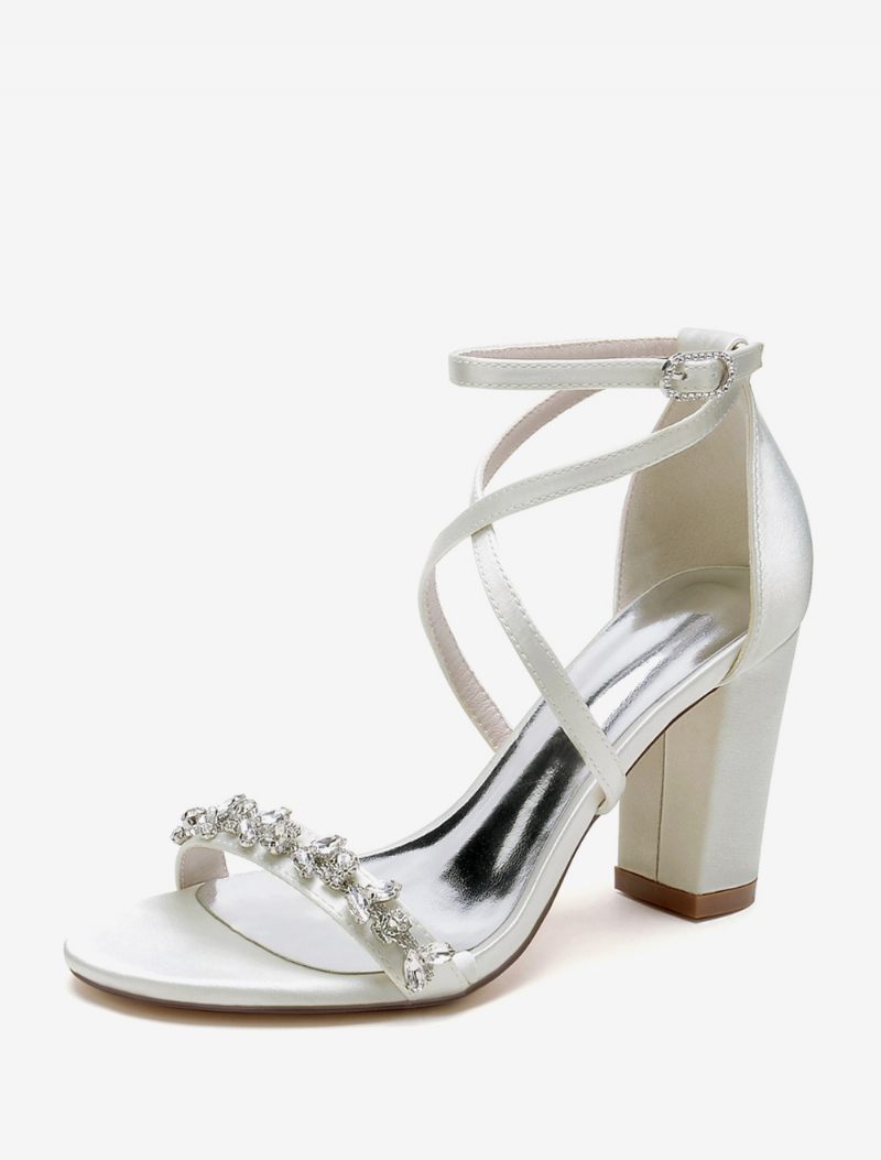 Sandales Mariée Pour Femmes Satin Blanc Sexy À Bout Ouvert Strass Mariage - Ivoire