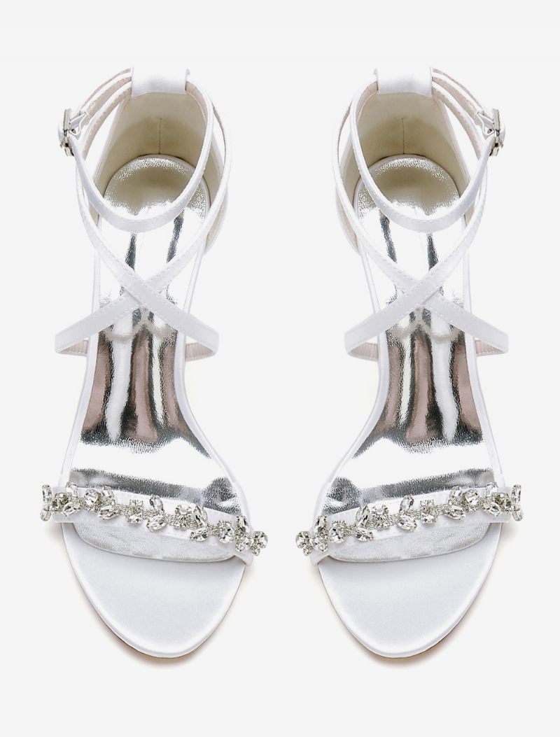 Sandales Mariée Pour Femmes Satin Blanc Sexy À Bout Ouvert Strass Mariage - Blanc