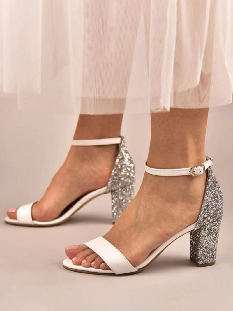 Sandales Mariée Pour Femmes Tissu À Paillettes Blanches Mariage Simples Bout Ouvert