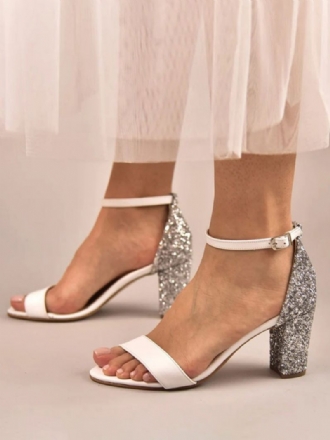 Sandales Mariée Pour Femmes Tissu À Paillettes Blanches Mariage Simples Bout Ouvert