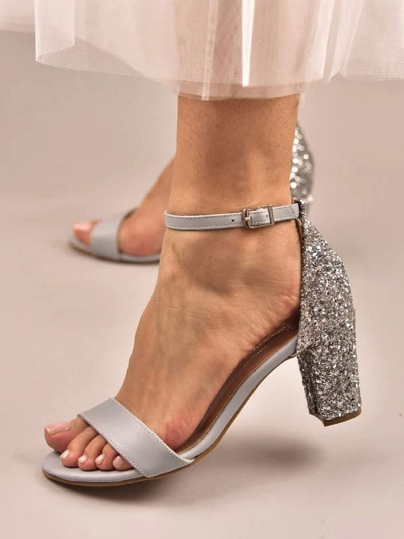 Sandales Mariée Pour Femmes Tissu À Paillettes Blanches Mariage Simples Bout Ouvert - Gris