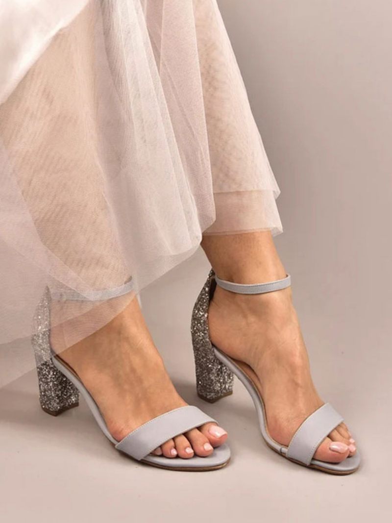 Sandales Mariée Pour Femmes Tissu À Paillettes Blanches Mariage Simples Bout Ouvert - Gris