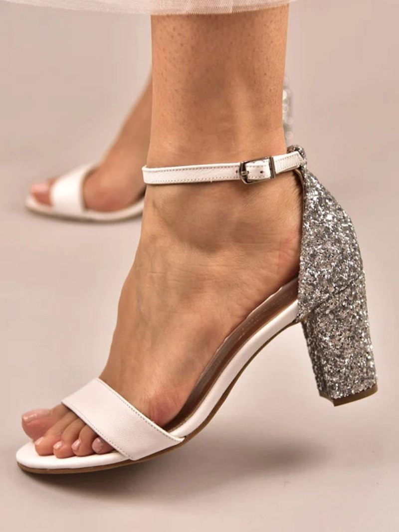 Sandales Mariée Pour Femmes Tissu À Paillettes Blanches Mariage Simples Bout Ouvert - Blanc