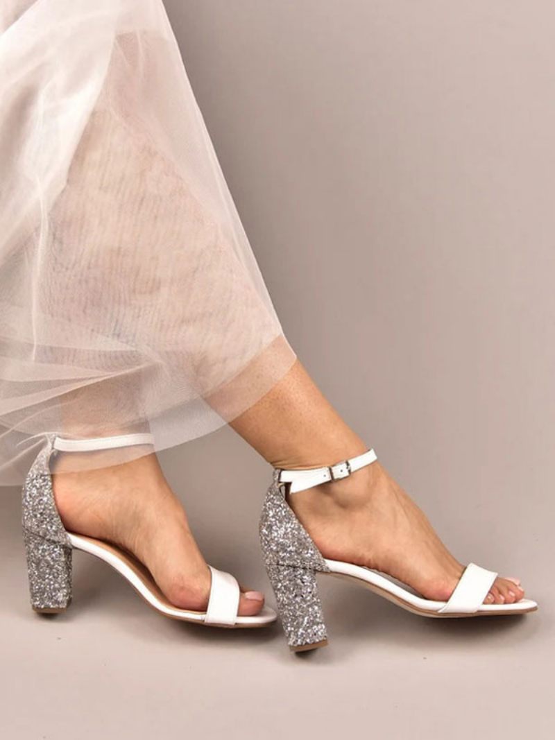 Sandales Mariée Pour Femmes Tissu À Paillettes Blanches Mariage Simples Bout Ouvert - Blanc