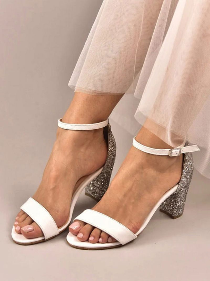 Sandales Mariée Pour Femmes Tissu À Paillettes Blanches Mariage Simples Bout Ouvert - Blanc