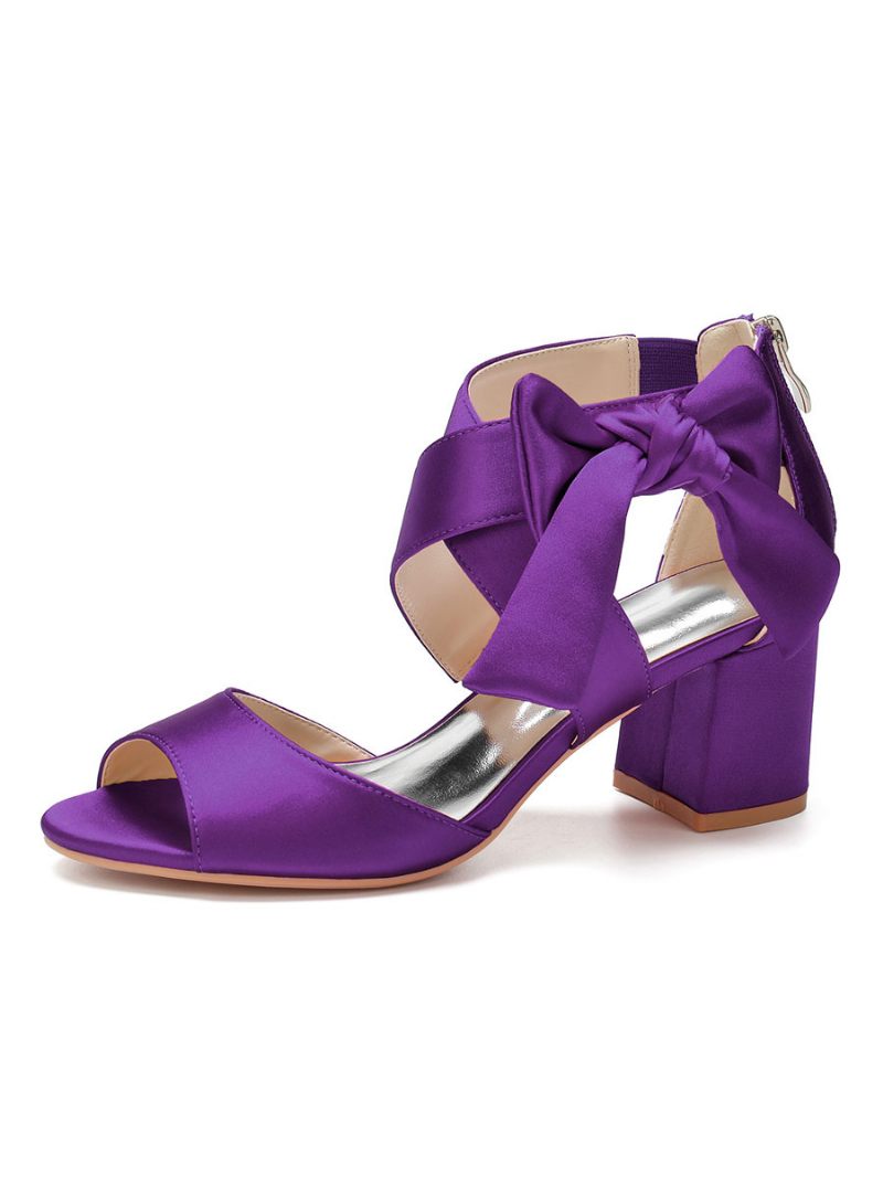 Sandales Mariée Satin Avec Nœud Pour Femmes Talon Bas - Violet