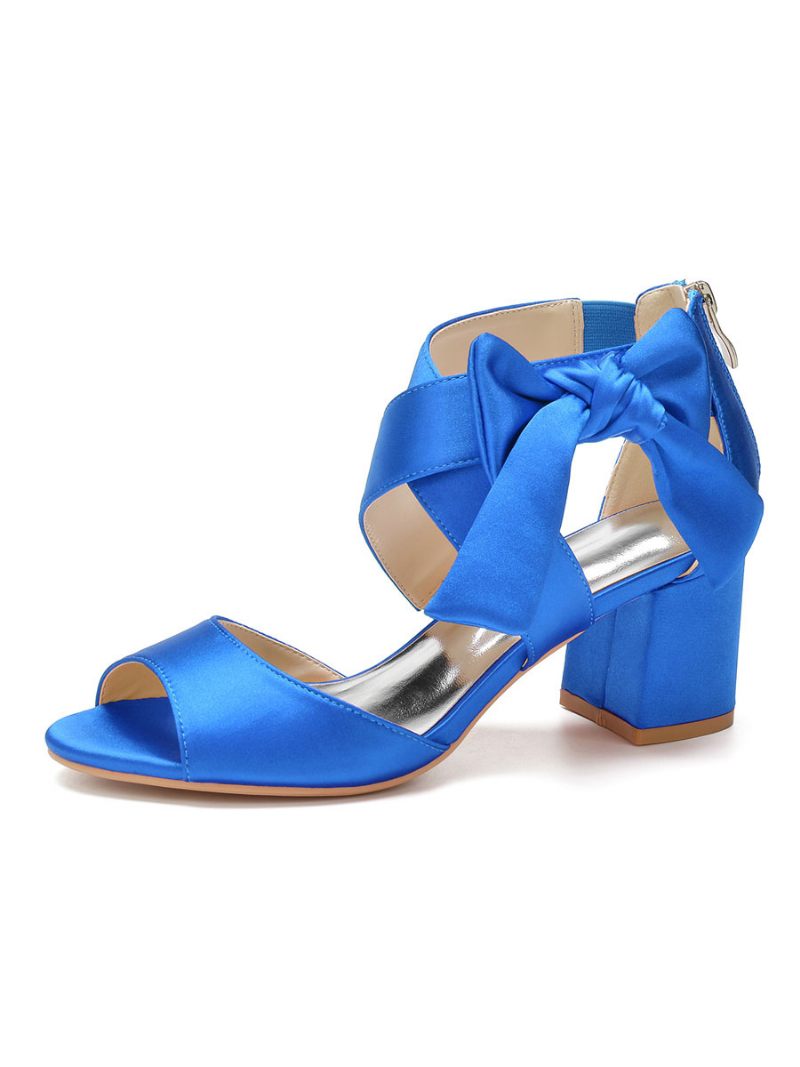 Sandales Mariée Satin Avec Nœud Pour Femmes Talon Bas - Bleu