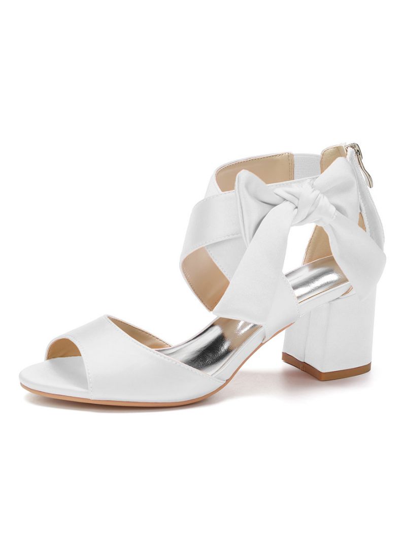 Sandales Mariée Satin Avec Nœud Pour Femmes Talon Bas - Blanc