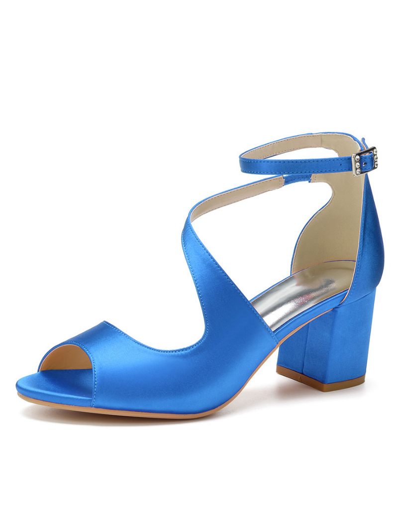 Sandales Mariée Satin À Talons Bas Pour Femmes - Bleu