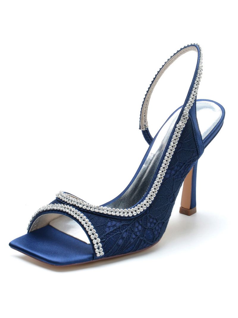 Sandales Mariée À Talon Aiguille Et Strass Dentelle Pour Femmes - Bleu Profond