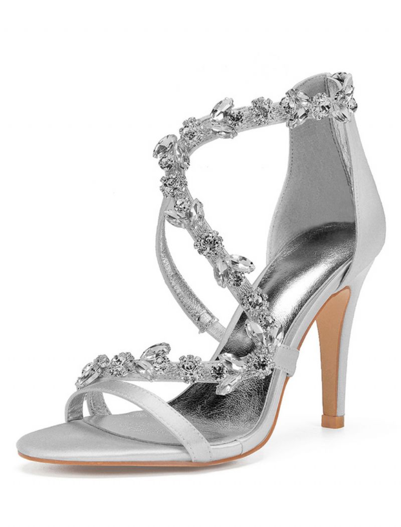 Sandales Mariée À Talons Aiguilles Avec Brides Strass Pour Femmes - Argent