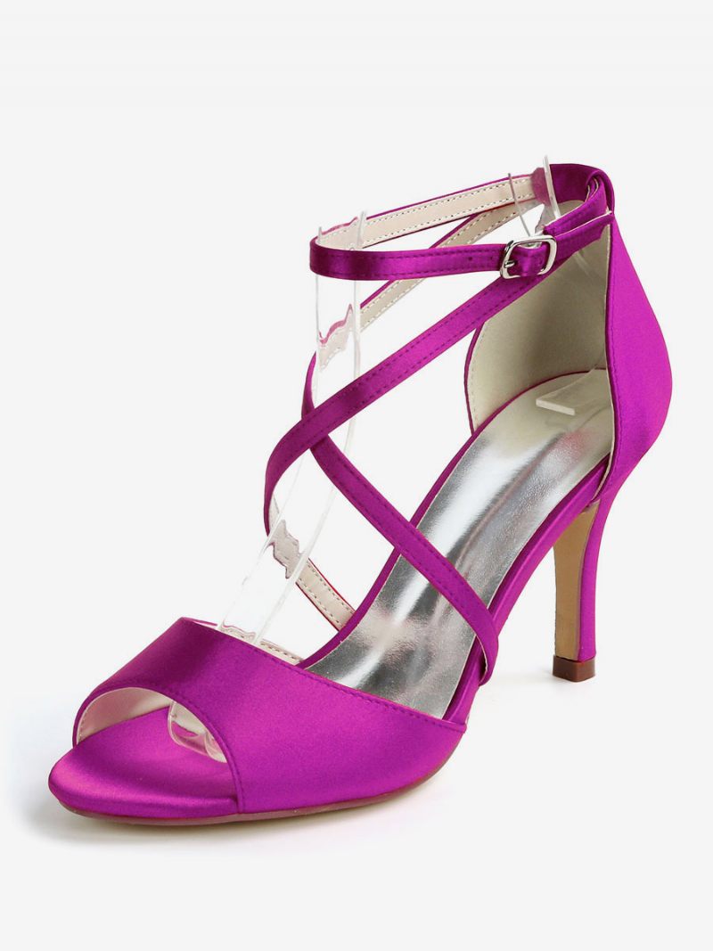 Sandales Mariée À Talons Bas Et Lanières Pour Femmes Satin - Violet