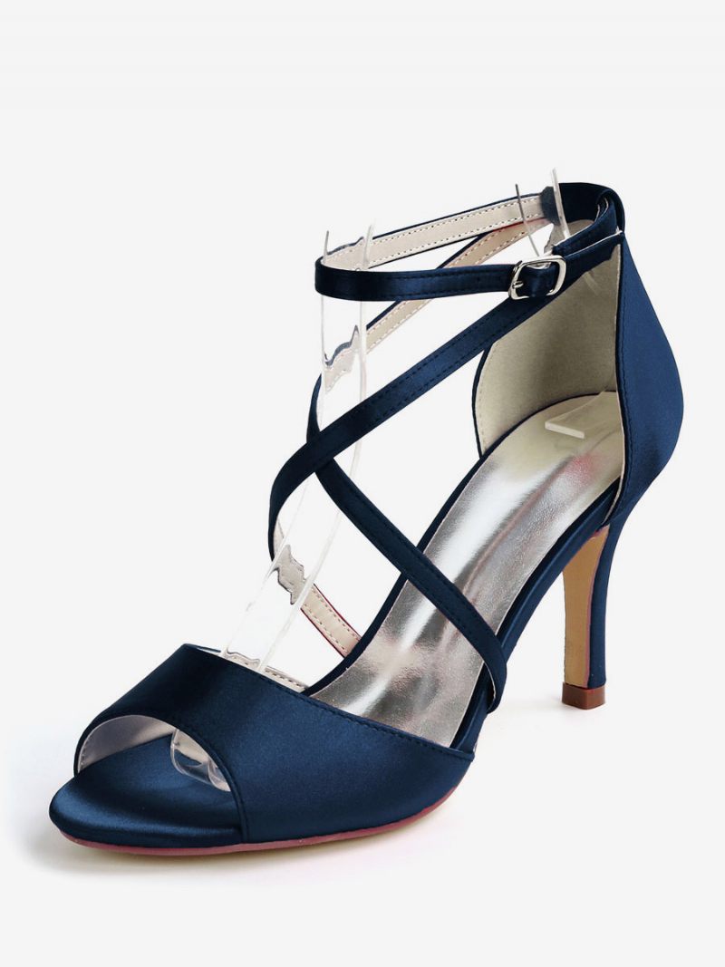 Sandales Mariée À Talons Bas Et Lanières Pour Femmes Satin - Bleu Profond