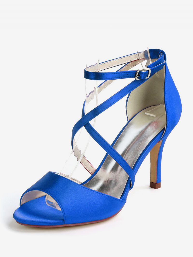 Sandales Mariée À Talons Bas Et Lanières Pour Femmes Satin - Bleu Royal