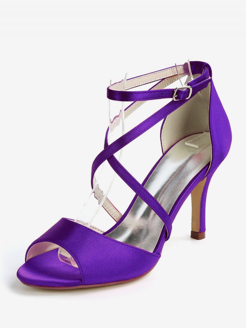 Sandales Mariée À Talons Bas Et Lanières Pour Femmes Satin - Violet Foncé