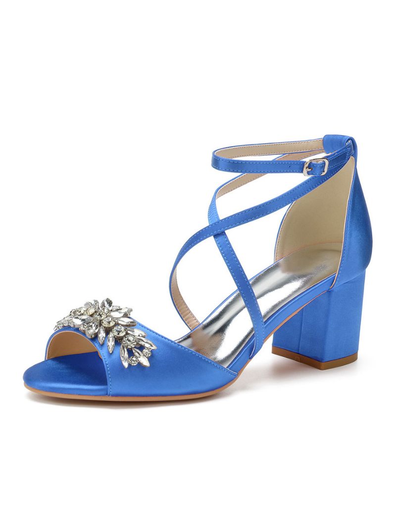 Sandales Mariée À Talons Bas Et Strass Satin Pour Femmes - Bleu