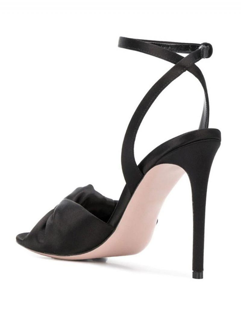 Sandales À Talons Hauts Satin Noir Chaussures Bal Bout Rond Pour Femmes Soirée - Noir