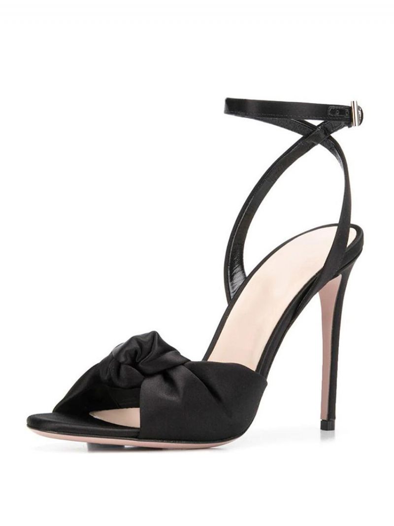 Sandales À Talons Hauts Satin Noir Chaussures Bal Bout Rond Pour Femmes Soirée - Noir