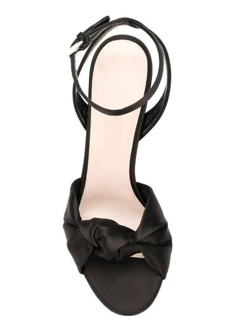 Sandales À Talons Hauts Satin Noir Chaussures Bal Bout Rond Pour Femmes Soirée - Noir