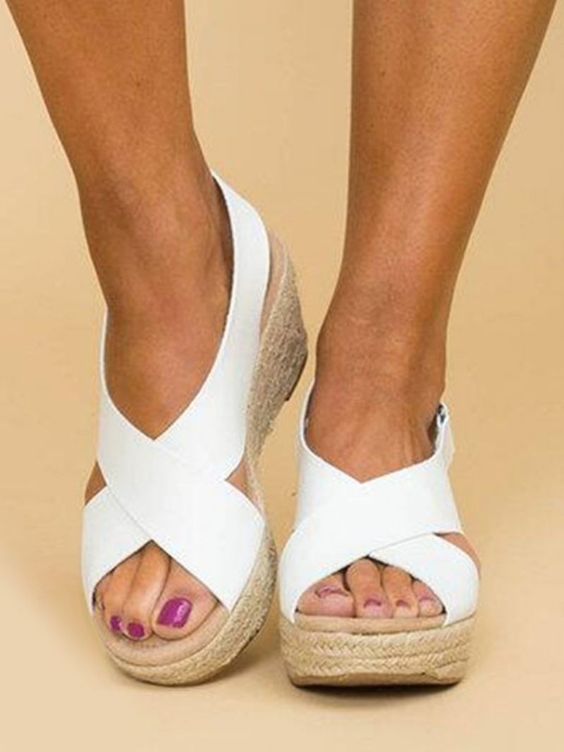 Talons Compensés Pour Femmes Street Wear Simili Cuir Bout Ouvert Boho Sandales Mariage - Blanc