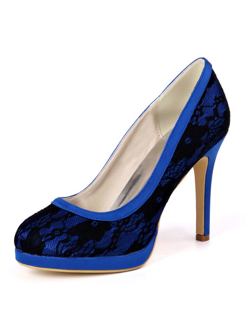 Talons Mariée À Plateforme Brodée Pour Femmes - Bleu Royal