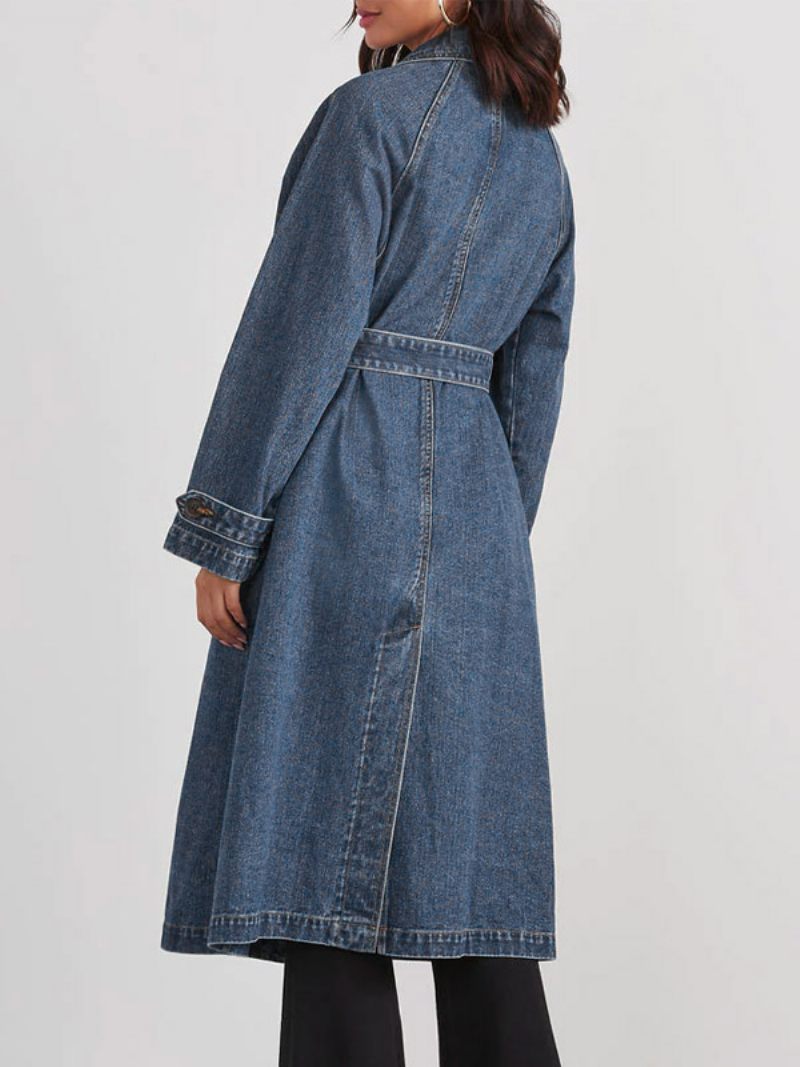 Manteau Denim Long Avec Double Poitrine Et Ceinture Pour Femmes - Bleu