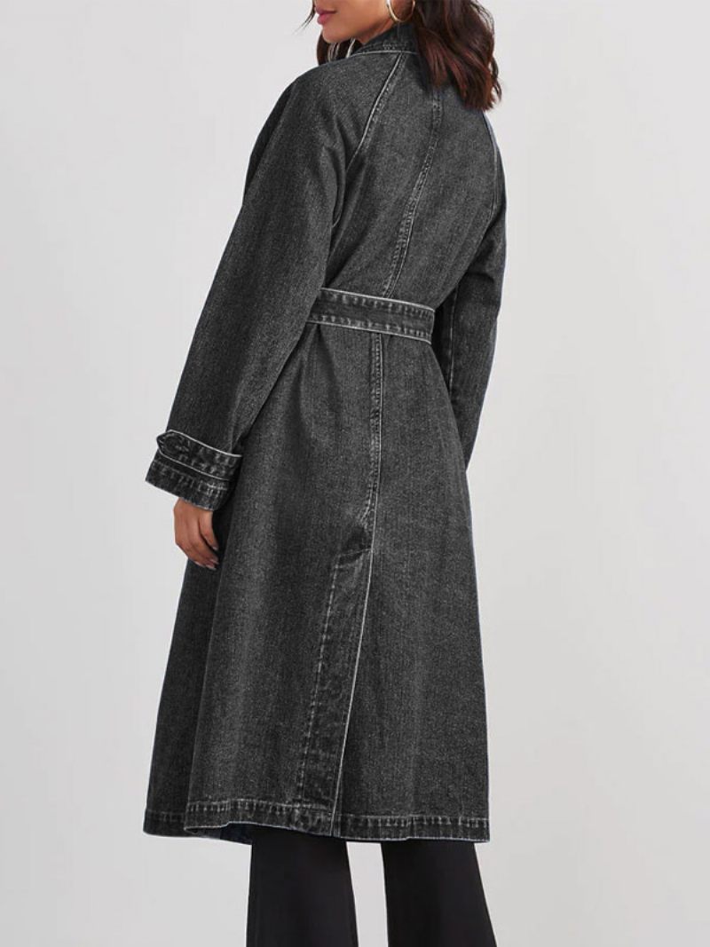 Manteau Denim Long Avec Double Poitrine Et Ceinture Pour Femmes - Noir