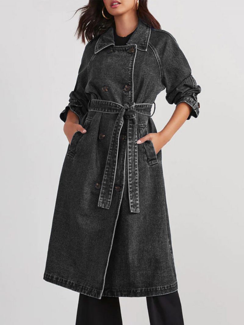 Manteau Denim Long Avec Double Poitrine Et Ceinture Pour Femmes - Noir