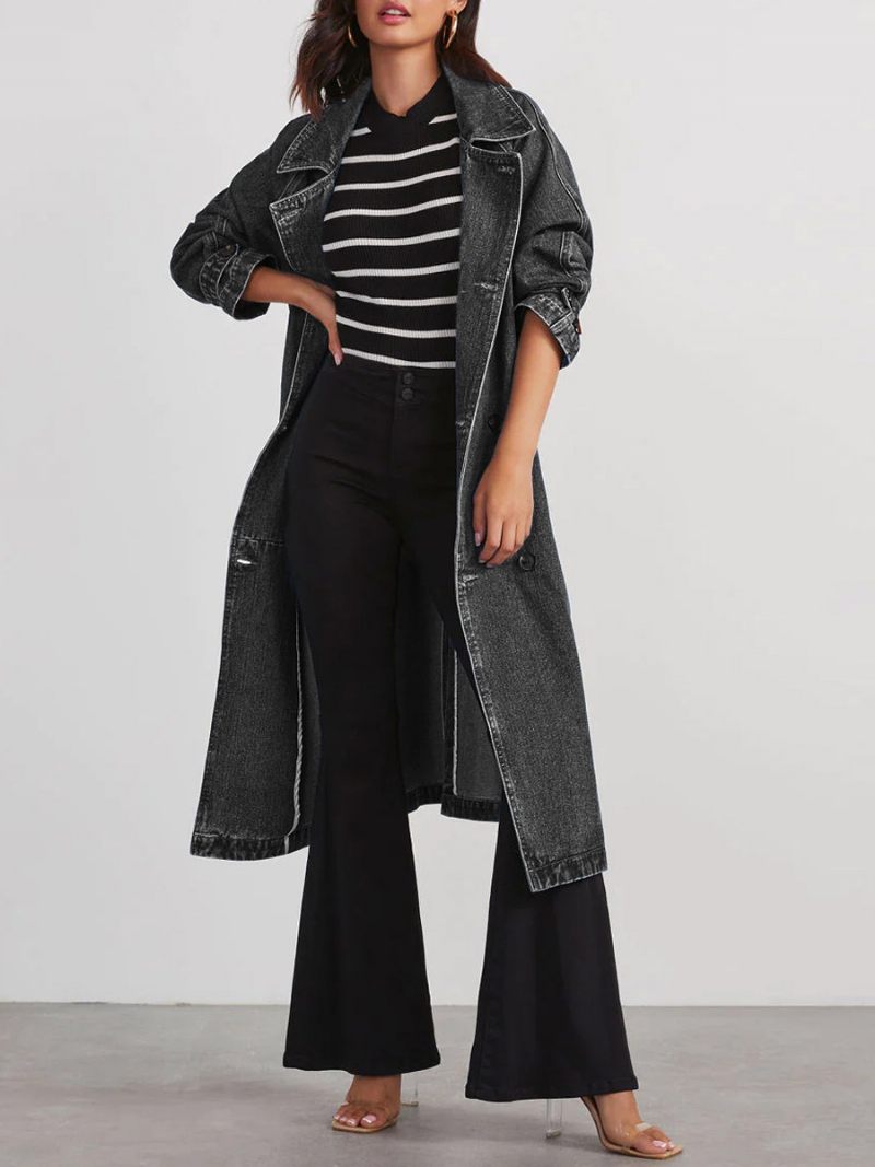 Manteau Denim Long Avec Double Poitrine Et Ceinture Pour Femmes - Noir