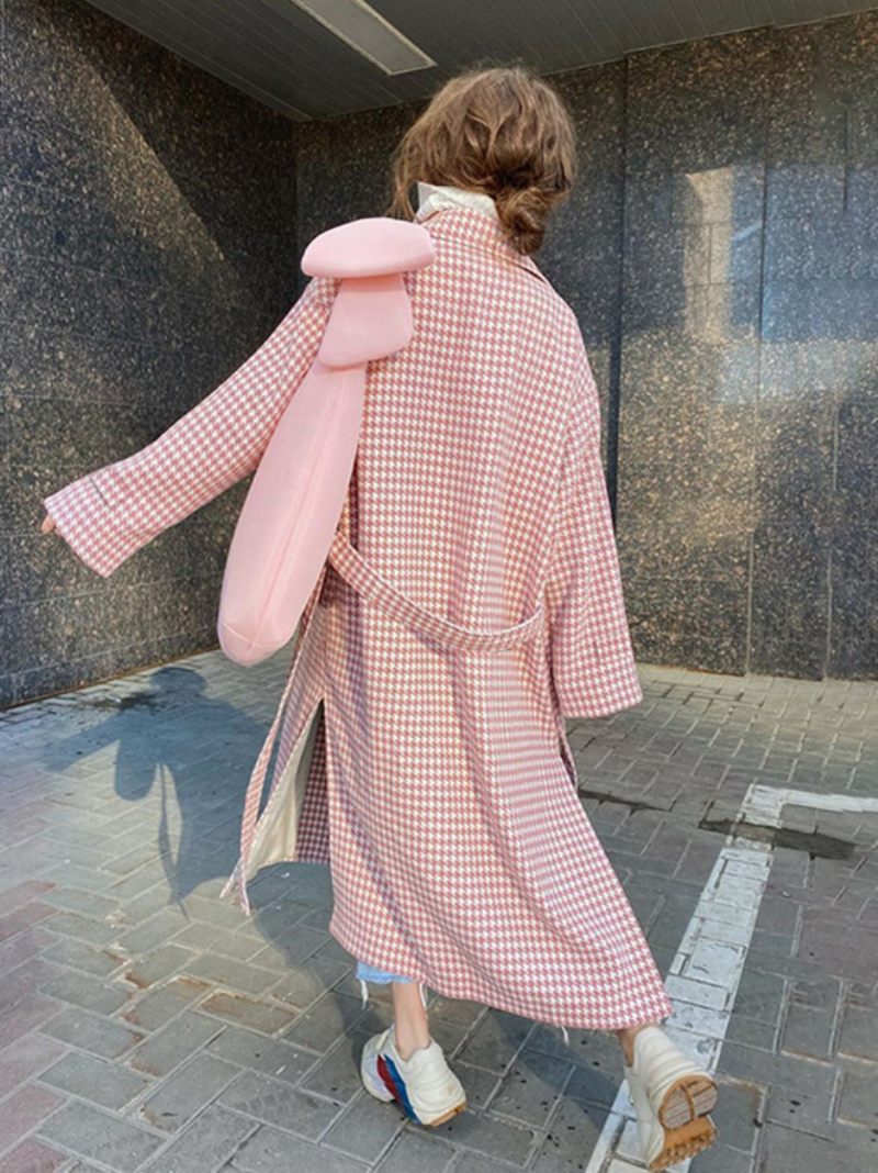 Manteau Pied-de-poule Pour Femme Boutons À Revers Crantés Vêtements D'extérieur Longs D'hiver - Rose