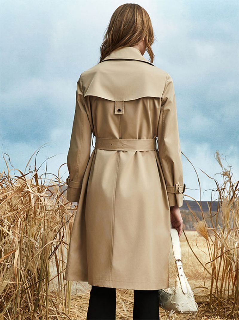 Trench-coat Col Rabattu Ceinture Manches Longues Vêtements D'extérieur Classiques Pour Femmes - Kaki