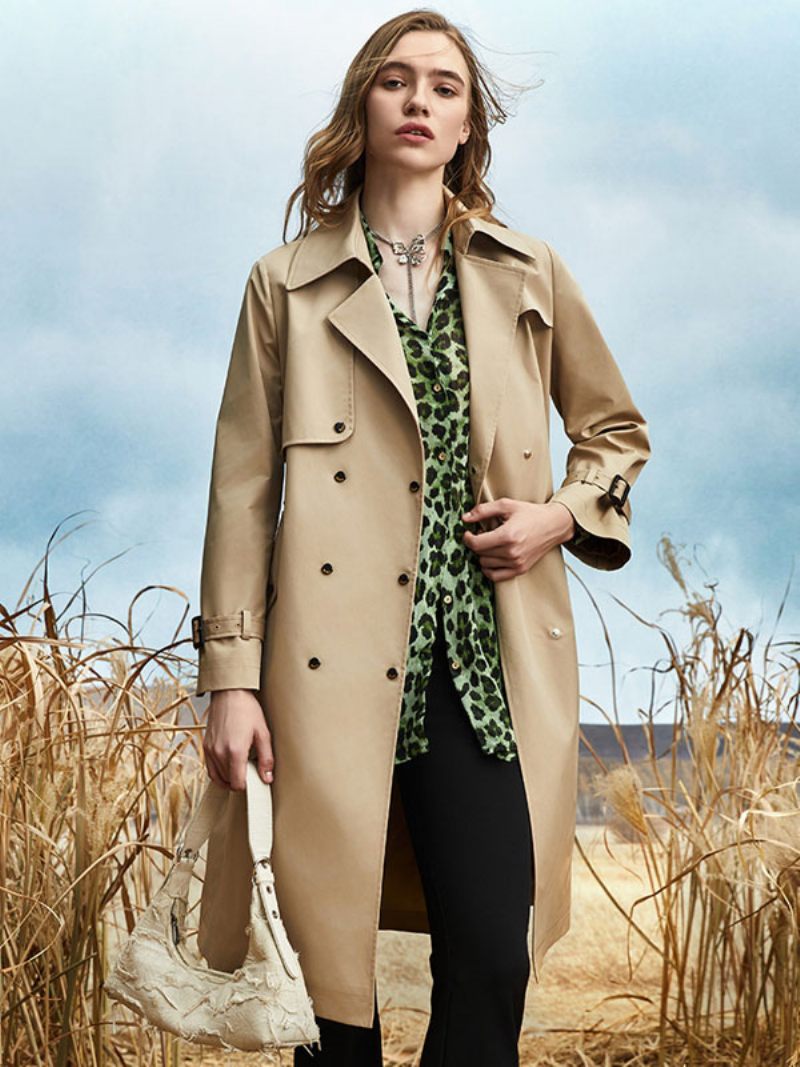 Trench-coat Col Rabattu Ceinture Manches Longues Vêtements D'extérieur Classiques Pour Femmes - Kaki