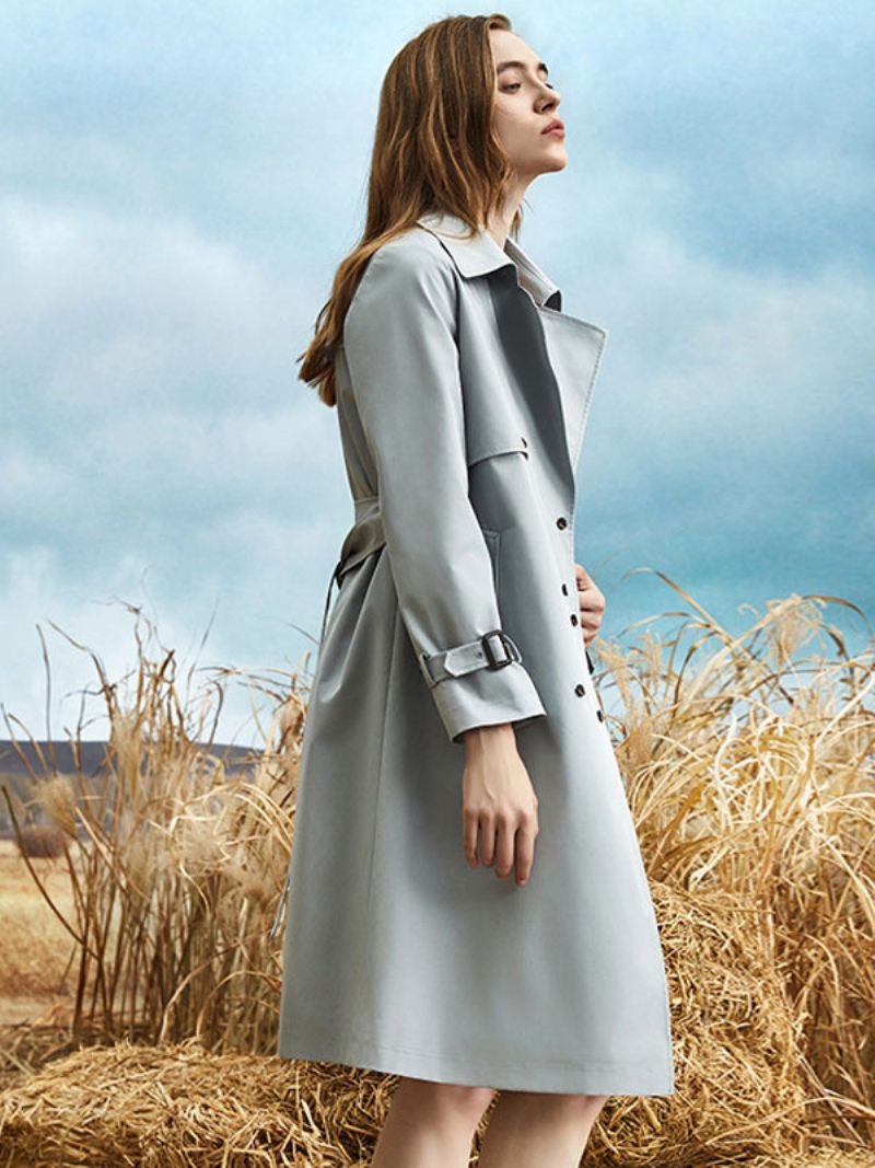 Trench-coat Col Rabattu Ceinture Manches Longues Vêtements D'extérieur Classiques Pour Femmes - Bleu Gris