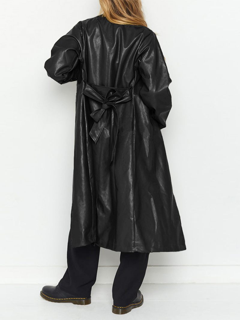 Trench-coat Cuir Pu Pour Femmes Revers Cranté Surdimensionné Vêtements D'extérieur Décontractés Quotidiens - Noir