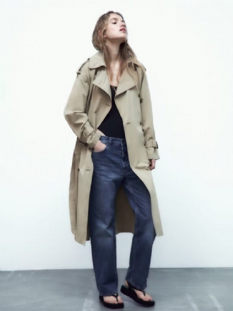 Trench Coat Pour Femme Kaki Col Rabattu Manches Longues Vêtements D'extérieur