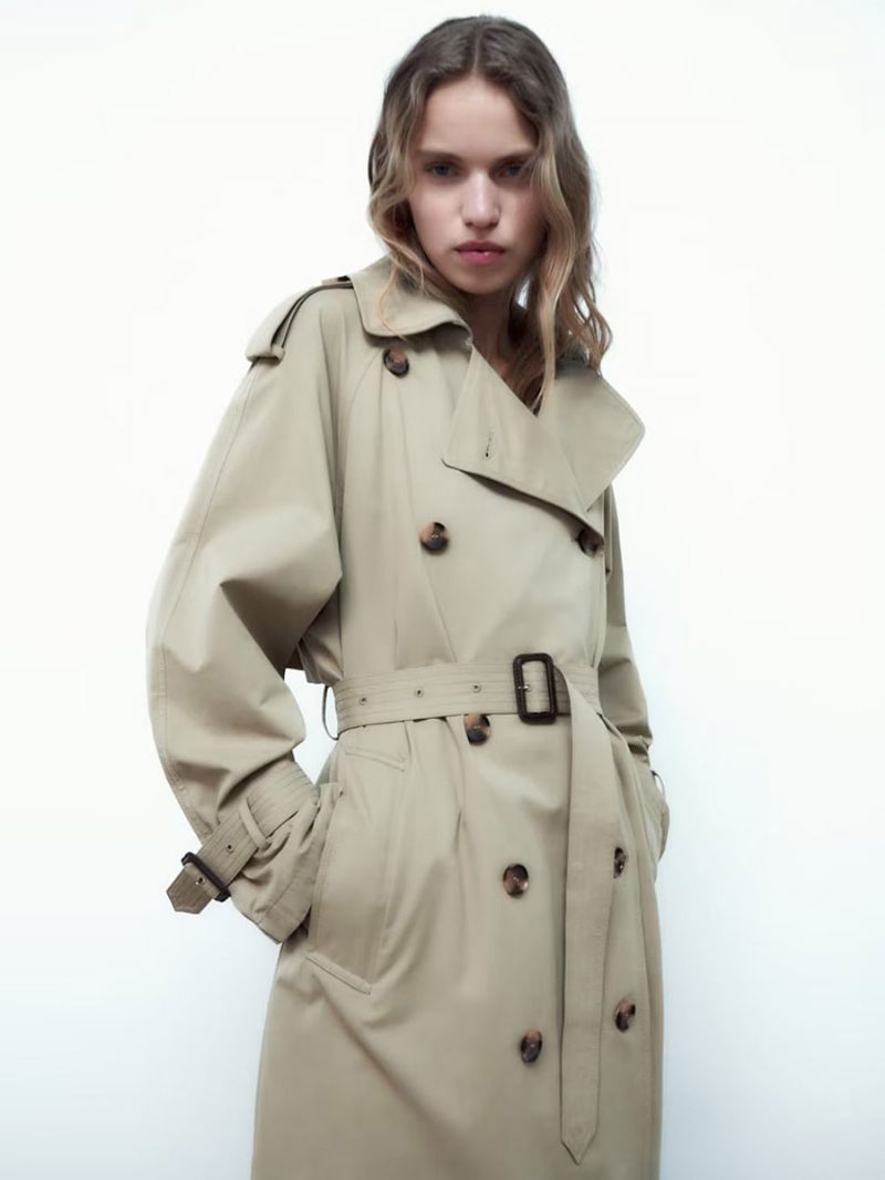 Trench Coat Pour Femme Kaki Col Rabattu Manches Longues Vêtements D'extérieur - Kaki