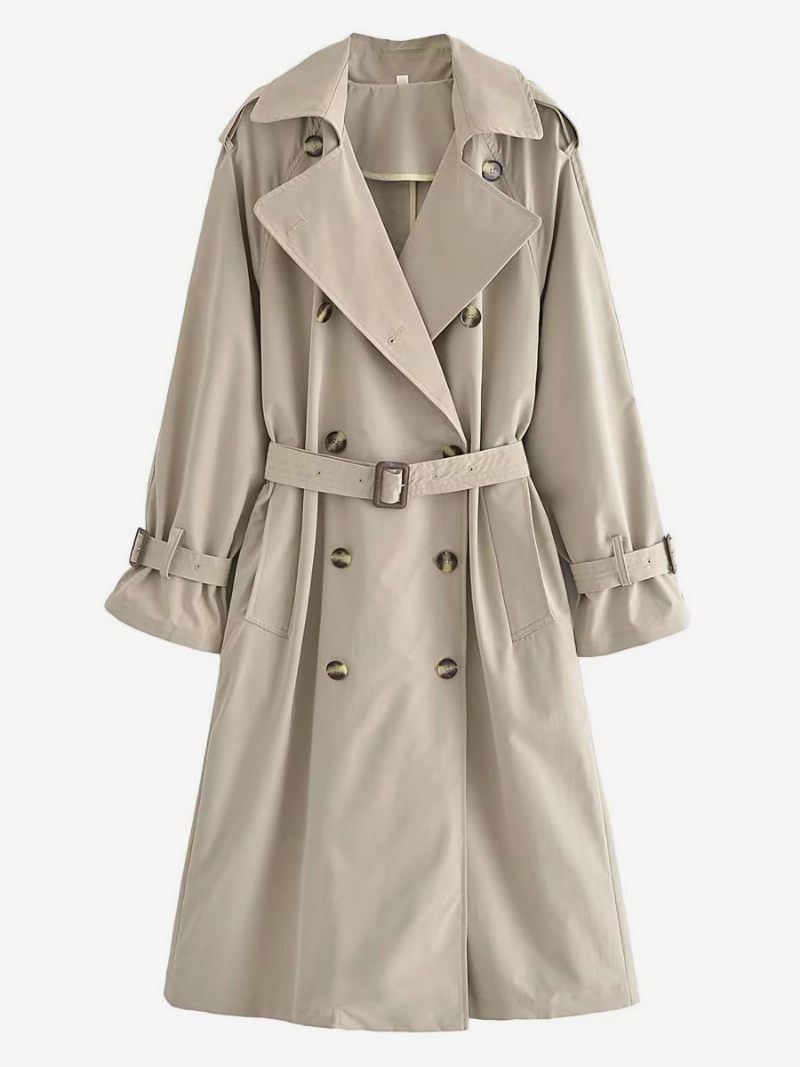 Trench Coat Pour Femme Kaki Col Rabattu Manches Longues Vêtements D'extérieur - Kaki