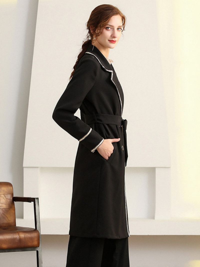 Trench-coat Pour Femme Manches Longues Revers Vêtements D'extérieur D'automne - Noir