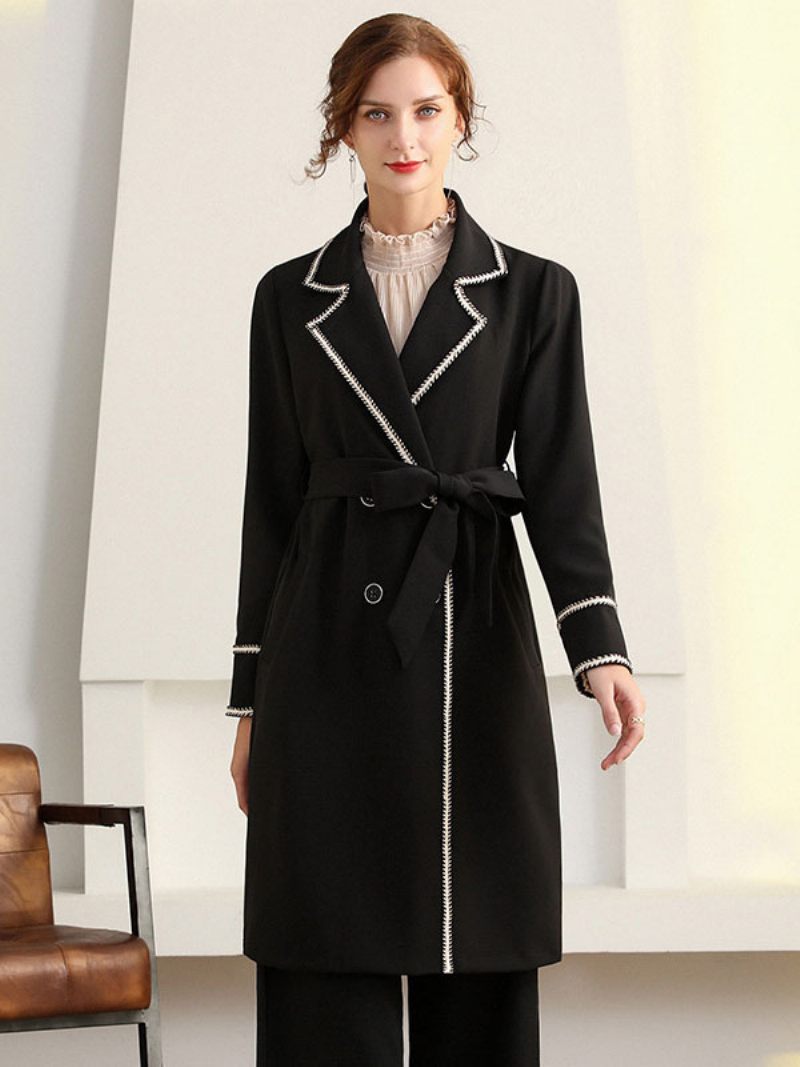 Trench-coat Pour Femme Manches Longues Revers Vêtements D'extérieur D'automne - Noir