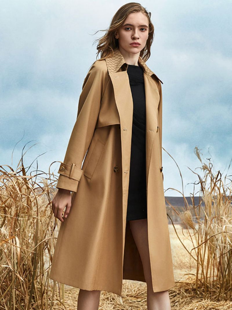 Trench Coat Pour Femmes Bonne Qualité Asymétrique Polyester Col Rabattu Boutons Manches Longues - Kaki