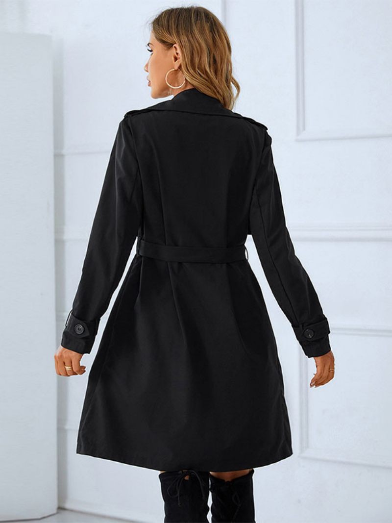 Trench-coat Pour Femmes Bonne Qualité Col Rabattu Boutons Manches Longues Vêtements D'extérieur Chauds D'hiver - Noir