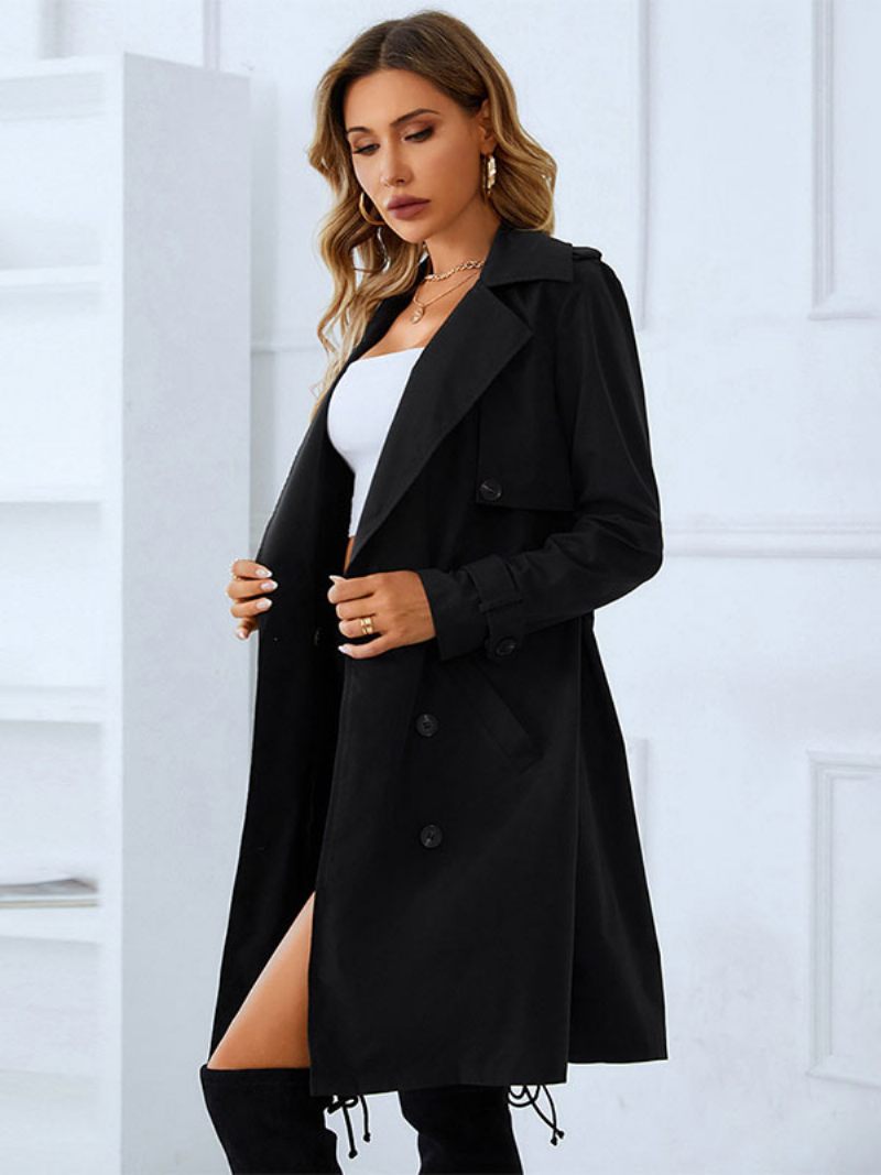 Trench-coat Pour Femmes Bonne Qualité Col Rabattu Boutons Manches Longues Vêtements D'extérieur Chauds D'hiver - Noir