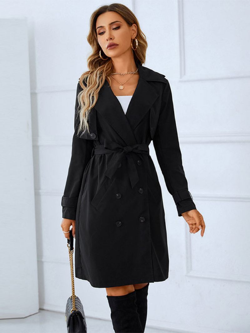 Trench-coat Pour Femmes Bonne Qualité Col Rabattu Boutons Manches Longues Vêtements D'extérieur Chauds D'hiver - Noir