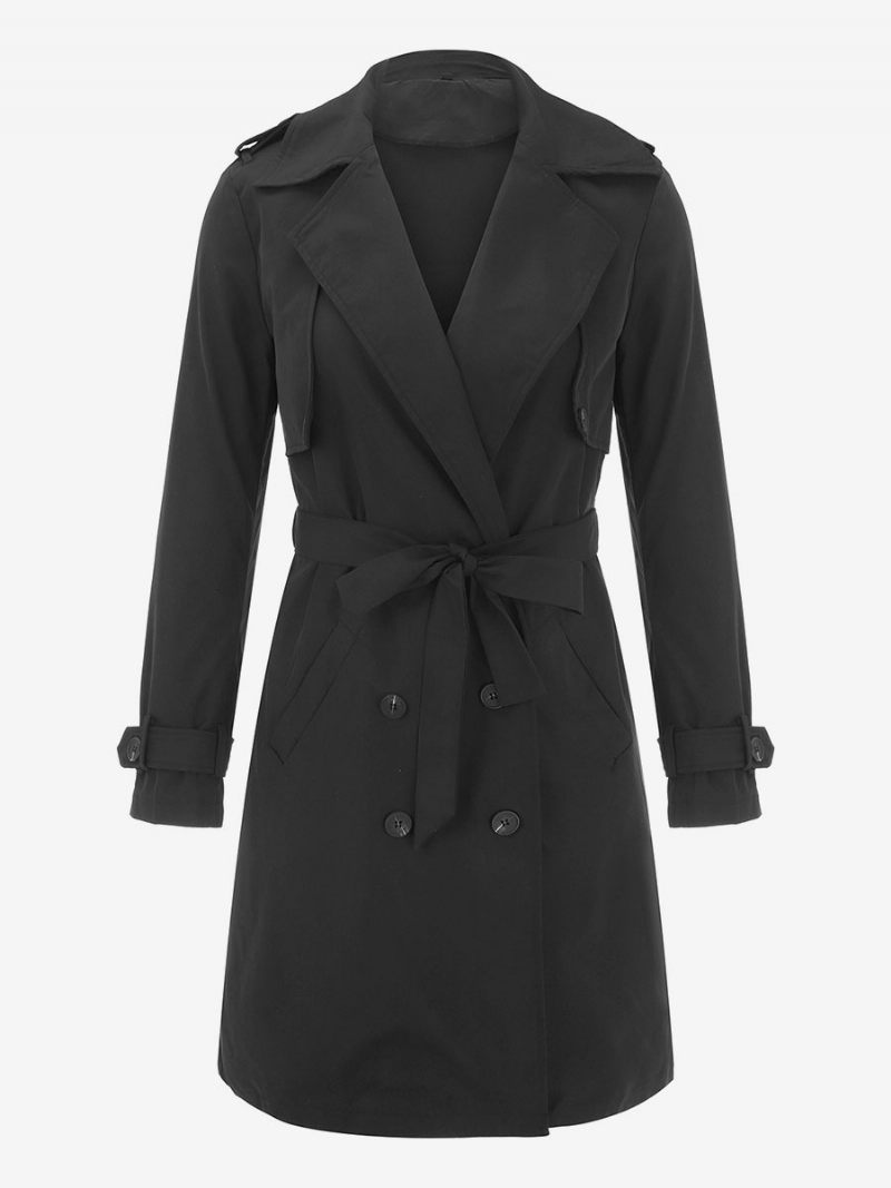 Trench-coat Pour Femmes Bonne Qualité Col Rabattu Boutons Manches Longues Vêtements D'extérieur Chauds D'hiver - Noir