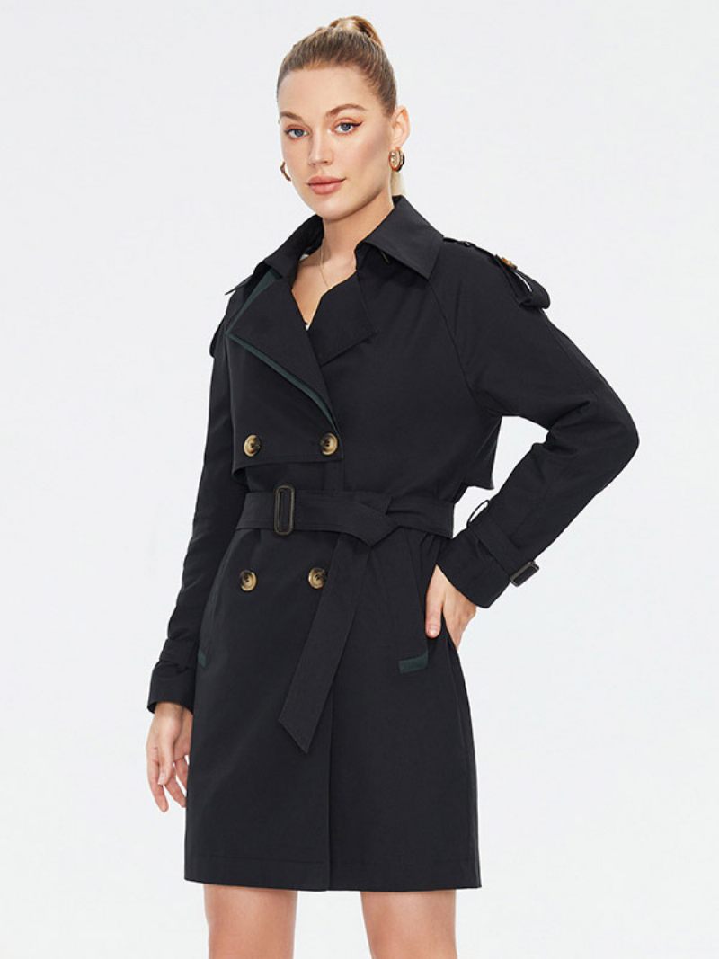 Trench-coat Pour Femmes Boutons À Revers Ceinturé Vêtements D'extérieur Coupe-vent - Noir