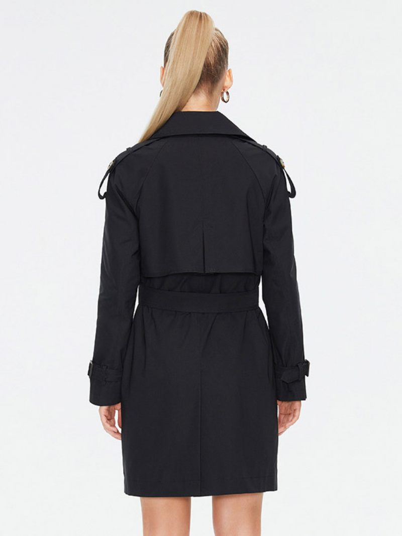 Trench-coat Pour Femmes Boutons À Revers Ceinturé Vêtements D'extérieur Coupe-vent - Noir