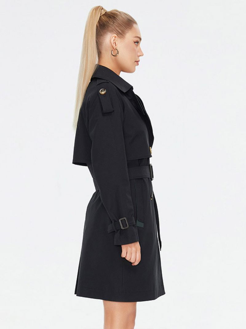 Trench-coat Pour Femmes Boutons À Revers Ceinturé Vêtements D'extérieur Coupe-vent - Noir